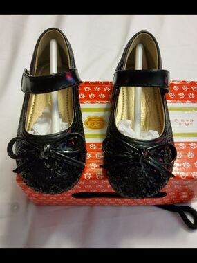 Girls Black Glitter Mary Jane Shoes with Bow SZ 5